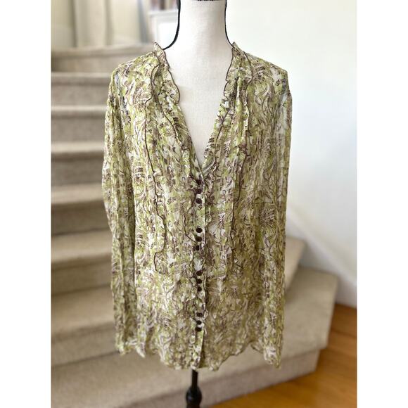 Bob Mackie Tops - Vintage Y2K Bob Mackie Green White Brown SHEER Silk Boho Whimsigoth Fairy Blouse